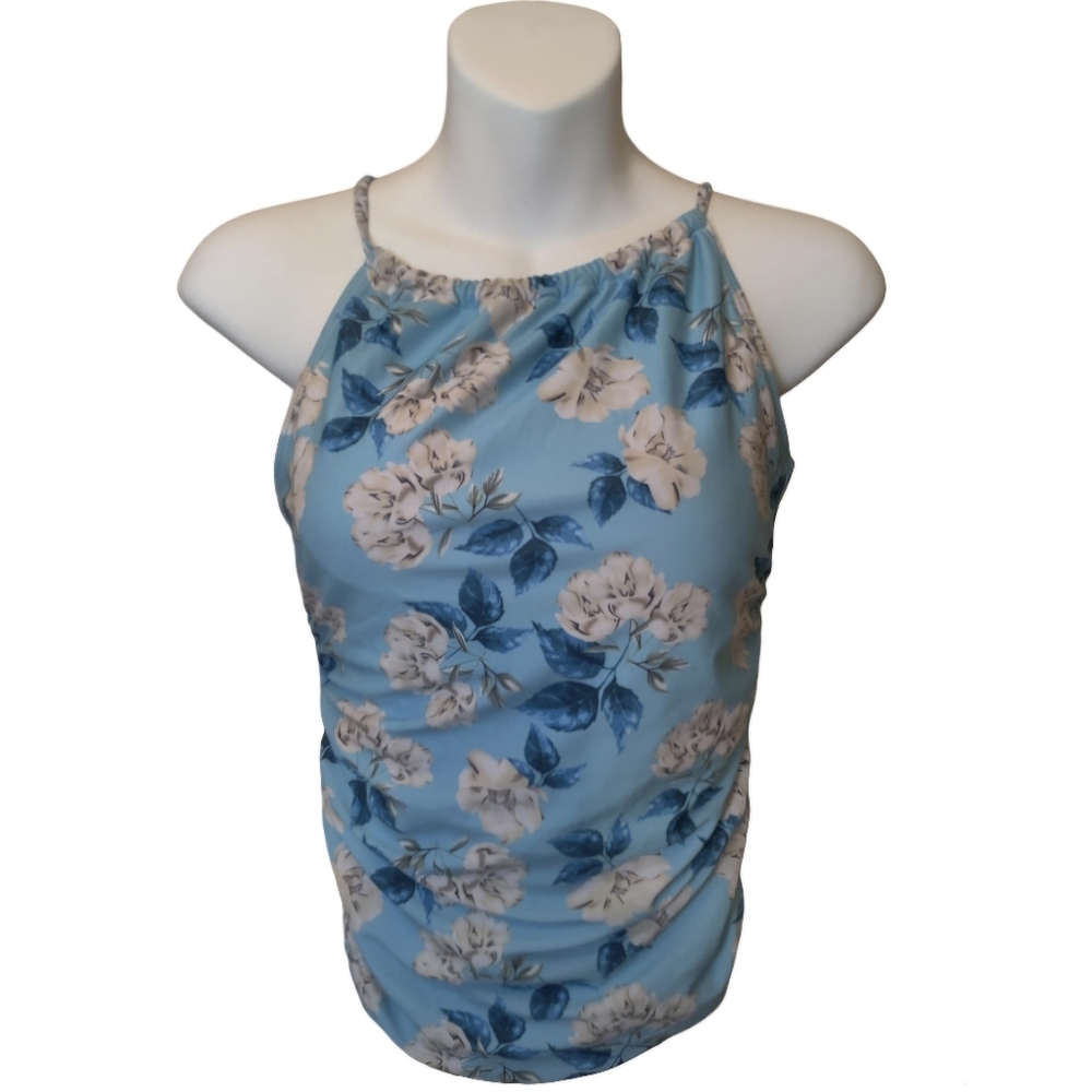 Women's Medium Blue Tankini Swimsuit Top | White Rose Floral | Beach, Pool